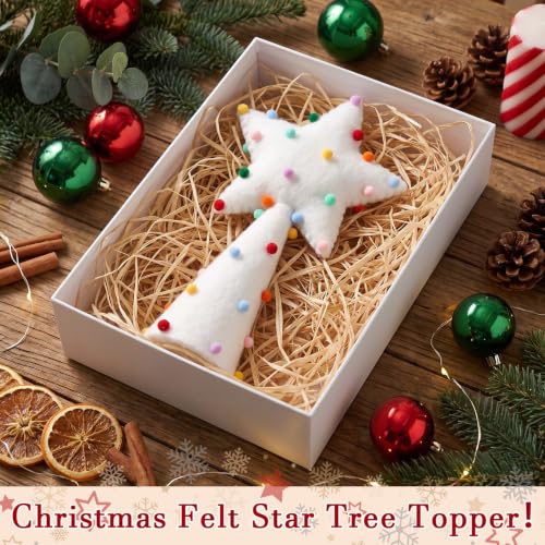 10-Inch Felt Christmas Star Tree Topper with Rainbow Pom Poms - White Holiday Decor