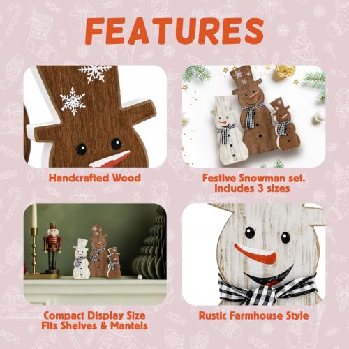 Set of 3 Rustic Wooden Snowman Christmas Table Decorations - Farmhouse Holiday Decor