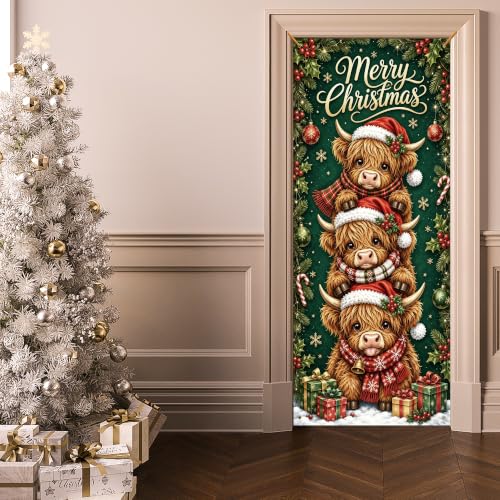 White Highland Cow Christmas Door Cover 35x79in - Holiday Seasonal Decor