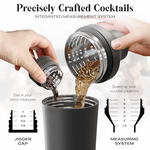 Bare Barrel Matte Black Insulated Cocktail Shaker Set with Built-in Measure, Strainer & Travel Bag