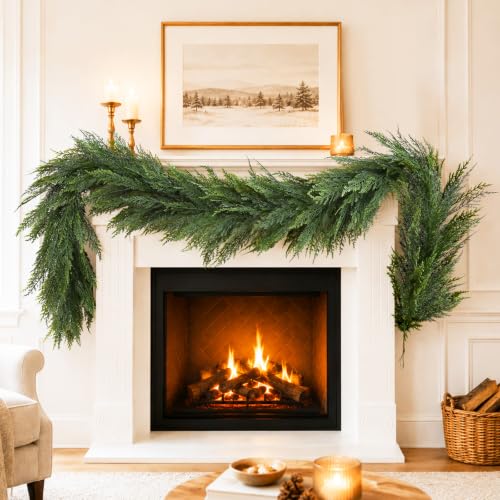 9FT FAJUNZH Extra Full Layered Cedar Garland 9FT-1PC Soft-Touch Greenery