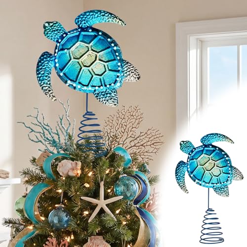 Metal Blue Sea Turtle Christmas Tree Topper | Coastal Nautical Beach Decor