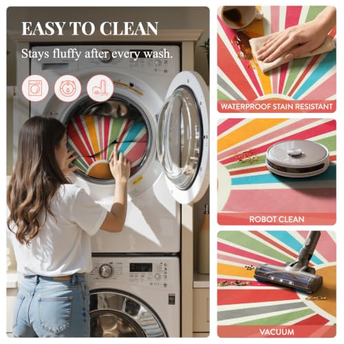 6 Ft Round Sunshine Area Rug, Washable Boho Kids Playroom Carpet