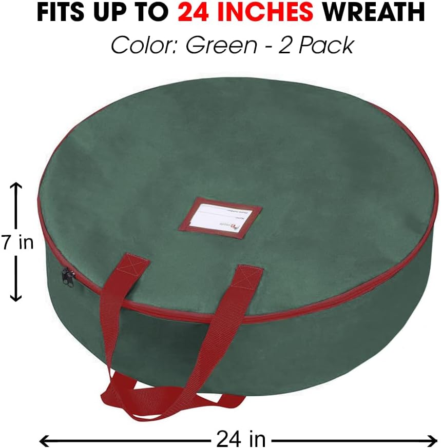 Primode Christmas Wreath Storage Bag - 24" Artificial Wreath Container with Sturdy Handles & Dual Zipper (Green, 2 Pack)