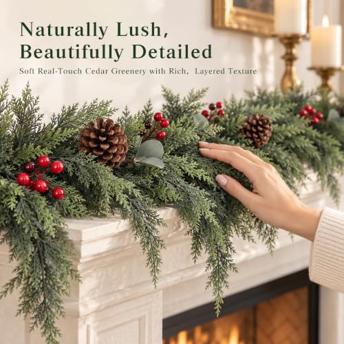 9FT Christmas Cedar Garland Real Touch Artificial Greenery DTNESS
