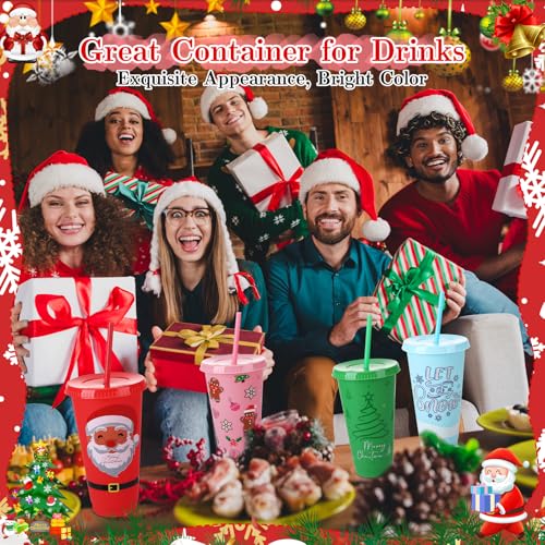 Christmas Plastic Cups with Lids & Straws - 24 oz, Red & Green, 12 Pack