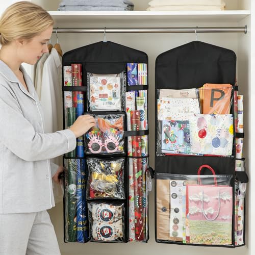 Double-Sided Hanging Wrapping Paper Organizer and Gift Bag Storage Holder