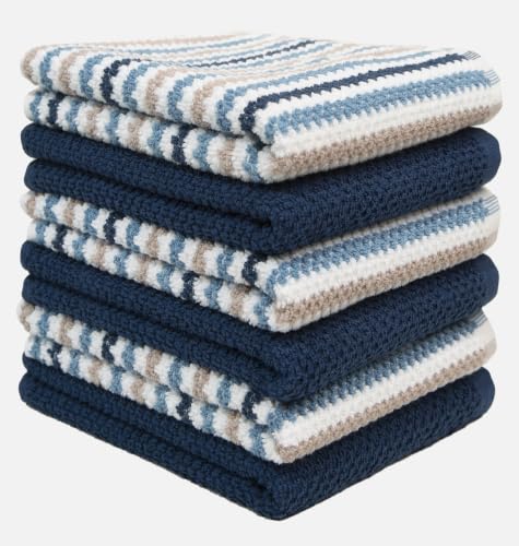 6-Pack 100% Cotton Kitchen Towels 16"x26" - Blue Striped Absorbent Hand Towels