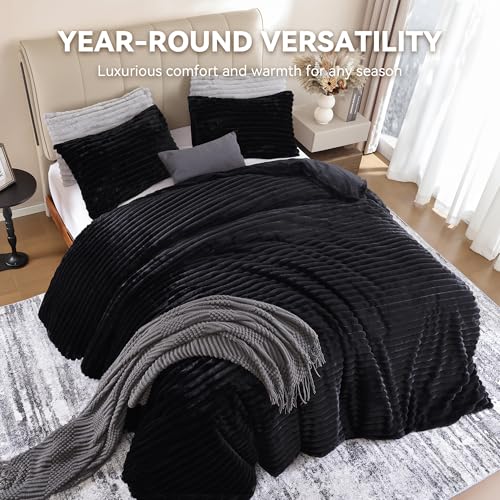 Fluffy Faux Fur Queen Comforter Set - 3-Piece All-Season Black Bedding