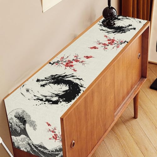 Drapeloft 13"x36" Dragon Red Plum Sea Wave Table Runner - Japanese Dragon Pattern