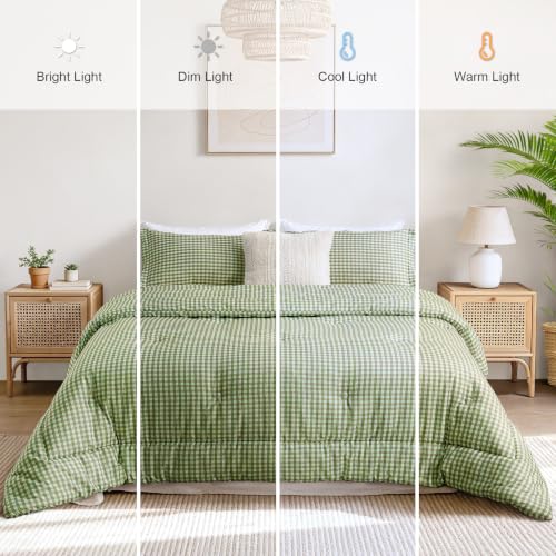 King Comforter Set Green Gingham Plaid - 3-Piece Soft Farmhouse Bedding