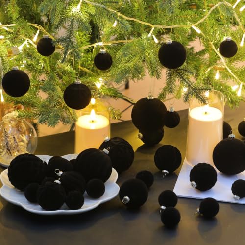 36pcs Velvet Christmas Ball Ornaments Set – Hiecreafy Black (3 Sizes, 4 Shapes)