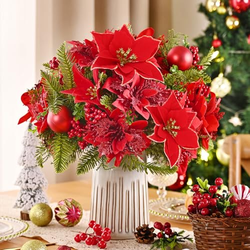 Velvet Red 4-Pack Poinsettia Artificial Flowers for Outdoors/Indoors - 13.8in Stems with Berry Accent
