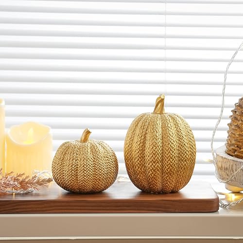 2-Piece Resin Gold Pumpkin Decor, Woven Effect Thanksgiving Table Centerpiece