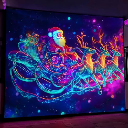 Black Light Tapestry – Merry Christmas UV Reactive Wall Hanging, Santa & Elk, 79x59 Unframed