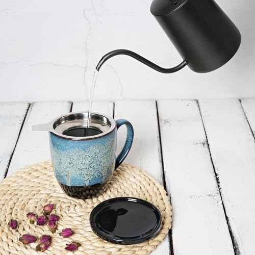 Bosmarlin 16 Oz Blue Ceramic Tea Mug with Infuser & Lid - Microwave & Dishwasher Safe