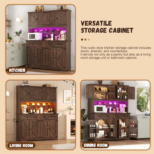 71-Inch Farmhouse Kitchen Pantry Cabinet with Power Outlet and LED Lighting