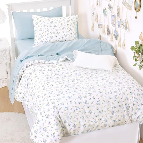 Floral Comforter Set Twin/Twin XL - 3 Piece Soft Flower Bedding, White Blue