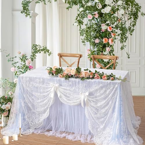 White Lace Tablecloth 5 Pieces 60x120 Inches Embroidered Floral Design