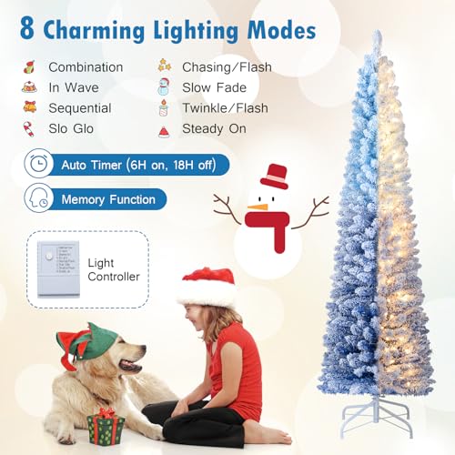 6 FT Pre-Lit Flocked Pencil Christmas Tree with 220 Warm White LED Lights