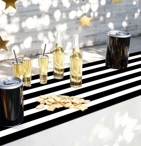 AVXINSOK Black and White Striped Plastic Disposable Table Runner - 6 Pack, 14x108 Inches