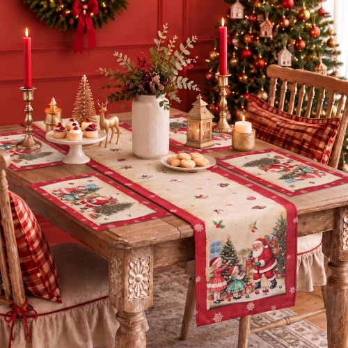 5 Pack Red Vintage Santa Christmas Table Runner and Placemats Set