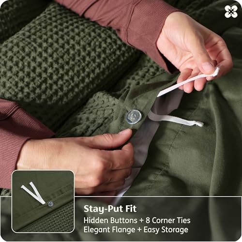 Queen Cotton Waffle Weave Duvet Cover - Olive Green, Breathable & Soft