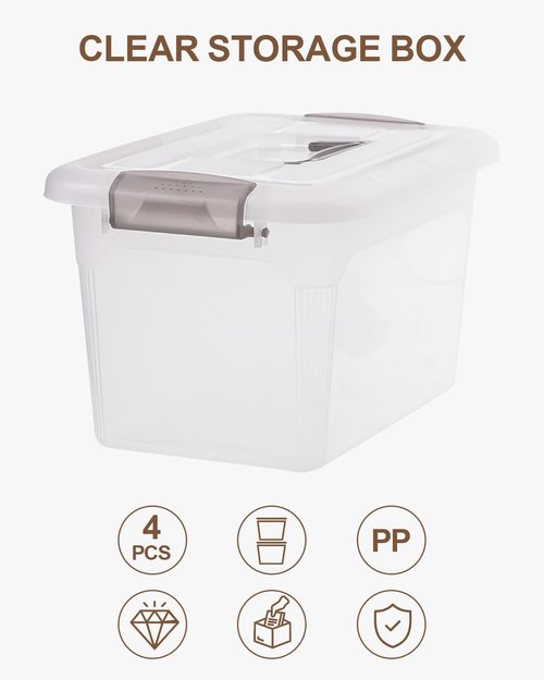 Citylife 6 QT Clear Plastic Storage Bins with Lids - Stackable Organizing Containers | 4 Packs with Grey Handles