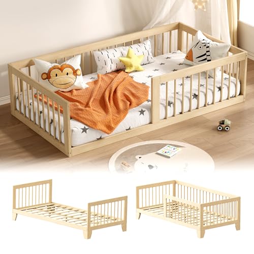 Montessori Twin Floor Bed Frame with Removable Guardrails, Solid Wood