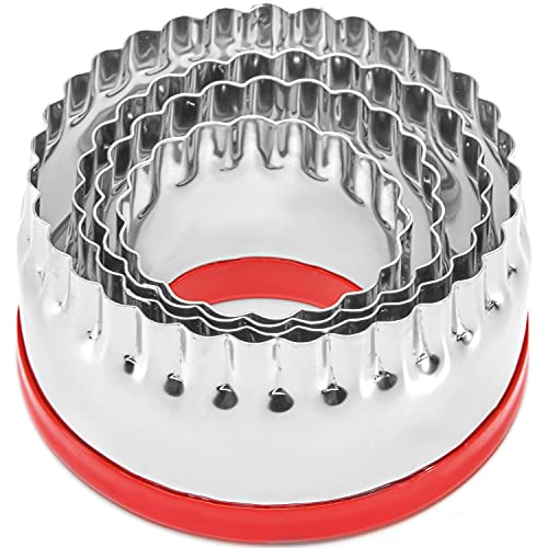 COOKIEQUE 4-Piece Fluted Round Metal Cookie Cutters Set with Red Top Handles