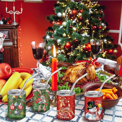 Reindeer 6 Pcs 3 oz Christmas Mini Tumbler Shot Glass with Straw and Lid - Roshtia