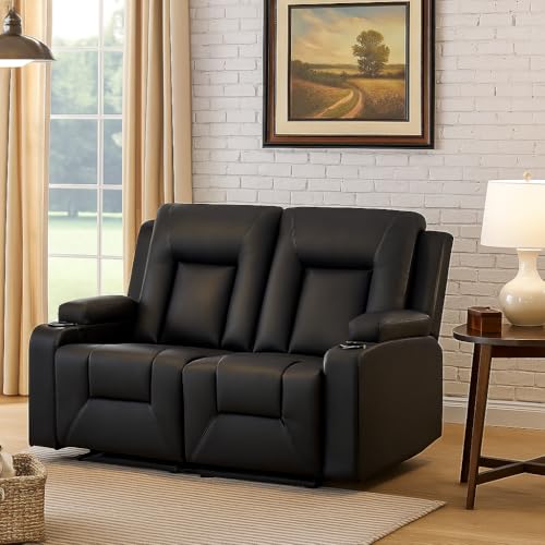 Manual Faux Leather Reclining Loveseat with Cup Holders and Pockets