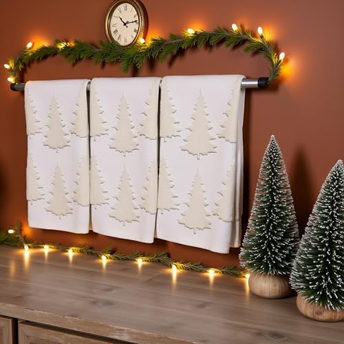 Beige Christmas Tree Hand Towels 2 Pack 100% Cotton Jacquard Holiday Kitchen & Bathroom Decor