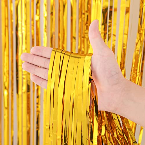 Gold Foil Fringe Backdrop Curtains 3 Pack - 3.3x8.2 Feet Tinsel Streamers