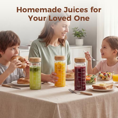 16 oz Glass Juice Bottles with Airtight Bamboo Lids - 3 Pack Reusable Jars