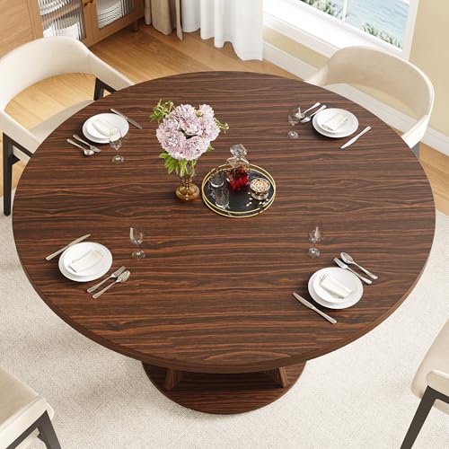 47-Inch Round Wooden Dining Table, Modern Pedestal Kitchen Table, Walnut