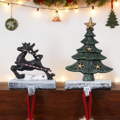 Heavy Duty Cast Iron Christmas Stocking Holders for Mantel - 3D Holiday Hooks