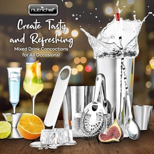 NutriChef 15 Piece Cocktail Shaker Set with 30 & 15 oz Stainless Steel Shakers, Pourers & Bar Tools - Essential Bartender Kit