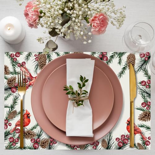Winter Cardinal Linen Placemats Set of 4, Christmas Holiday Table Decor 12x18"