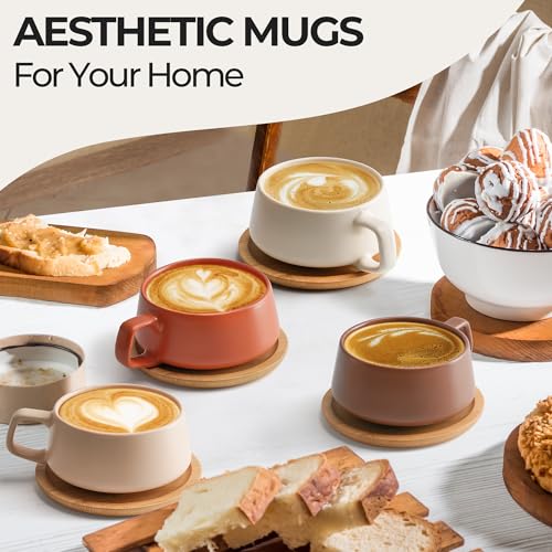 MIAMIO Cappuccino Cup Set of 4 Beige Pastel Ceramic 9.5oz Coffee Mugs with Wooden Coasters
