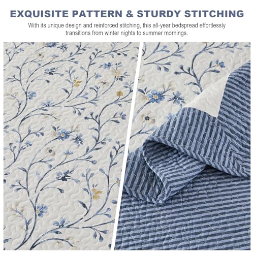 102"x120" Oversized Cotton Queen Quilt Set with 2 Shams - Reversible Floral & Stripe Design