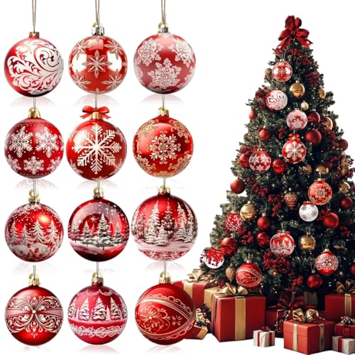 12Pcs Christmas Wooden Ornaments with Double Sided Santa & Gift Ball Design - Red Hanging Holiday Decor