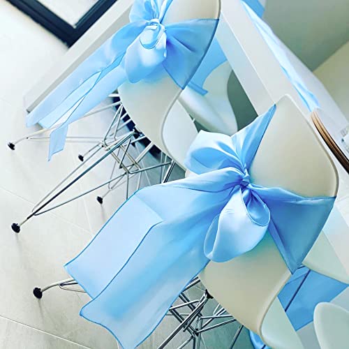 Baby Blue Satin Chair Sashes - 50 Pack, 7x108 Inch Bows for Wedding & Party