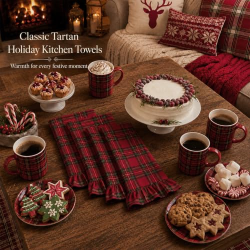 Red Plaid 4-Piece Christmas Kitchen Towels with Ruffles - 18x30 inches