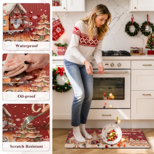 Leevan Christmas Kitchen Mat Set of 2 - Gingerbread Village 17"x29" + 17"x47" Thick 0.47in Anti-Fatigue