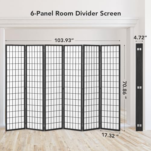 6-Panel Folding Room Divider, 6ft Japanese Shoji Privacy Screen, Black
