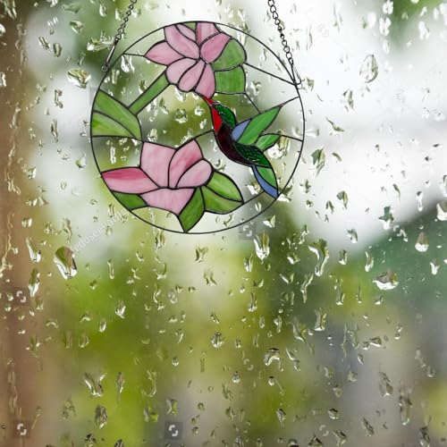 Handcrafted Stained Glass Hummingbird Window Panel - 12 inch