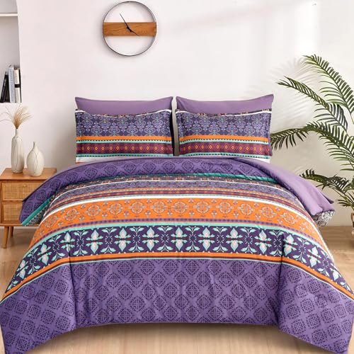 Queen Boho Comforter Set 7-Piece - Purple Paisley Microfiber Bedding Set