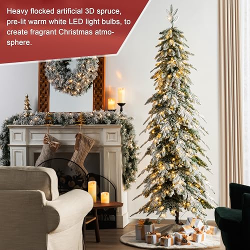 Glitzhome 7.5ft Flocked Pencil Spruce Pre-Lit Christmas Tree with 350 Warm White Lights