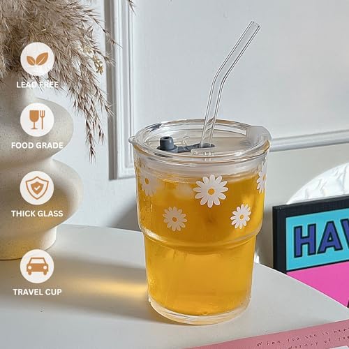 13oz Glass Tumbler with Straw and Lid - Reusable Iced Coffee Cup
